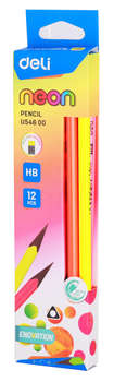 Карандаш DELI ч/г EU54600 Neon HB трехгран. пластик коробка ластик
