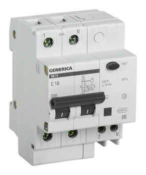 Автоматический выключатель IEK Выключатель автом. дифф. тока MAD15-2-016-C-030 АД12 Generica 16A тип C 4.5kA 30мА AC 2П 230В 4мод серый