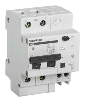 Автоматический выключатель IEK Выключатель автом. дифф. тока MAD15-2-025-C-030 АД12 Generica 25A тип C 4.5kA 30мА AC 2П 230В 4мод серый