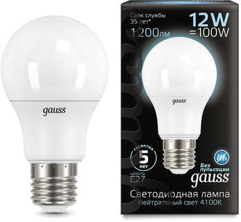 Лампа GAUSS светодиодная A60 12Вт цок.:E27 шар 220B св.свеч.бел.нейт. A60