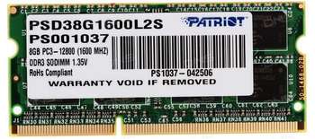 Оперативная память Patriot Модуль памяти SODIMM DDR3-1600 8GB PSD38G1600L2S PATRIOT