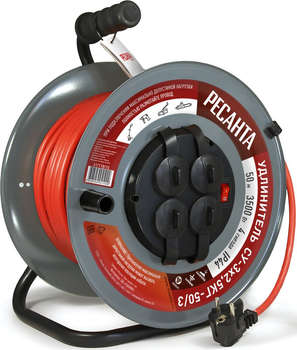 Электрический удлинитель РЕСАНТА Удлинитель силовой СУ-3х2,5КГ-50/3  3x2.5кв.мм 4розет. 50м КГ 16A метал.катушка красный