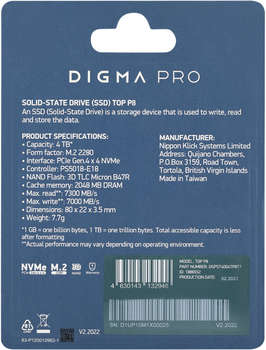 Накопитель SSD DIGMA PRO PCIe 4.0 x4 4TB DGPST4004TP8T7 Top P8 M.2 2280
