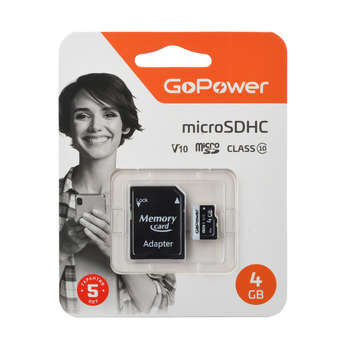 Карта памяти GoPower 4GB Class10 15 МБ/сек V10 с адаптером