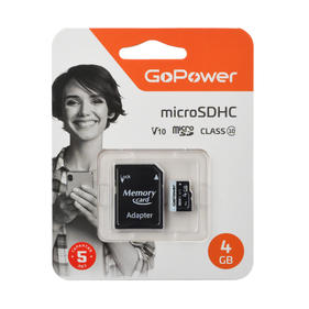 Карта памяти GoPower 4GB Class10 15 МБ/сек V10 с адаптером