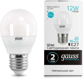 Лампа GAUSS светодиодная Elementary 12Вт цок.:E27 шар 220B 4100K св.свеч.бел.нейт.