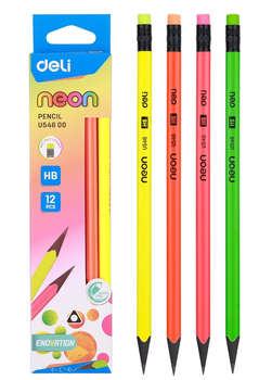 Карандаш DELI Набор карандашей ч/г EU54600 Neon HB трехгран. пластик ассорти 4цв. неон кор.европод.  ластик 12 карандашей для тех/черт.целей