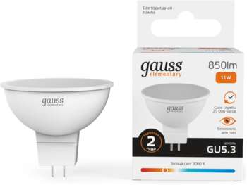 Лампа GAUSS светодиодная Elementary 13511 11Вт цок.:GU5.3 софит 180B св.свеч.бел.теп. MR16