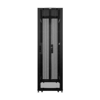 Шкаф, стойка EMILINK 19" Напольный серверный шкаф NTSS DS 48U 800х1070 мм, двойные боковые стенки, панель потолка с 4-я вводами, дверь перфорированная, дверь перфорированная двухстворчатая, регулируемые опоры, ролики, заземление, черный RAL 9005 NTSS-DS48-80107