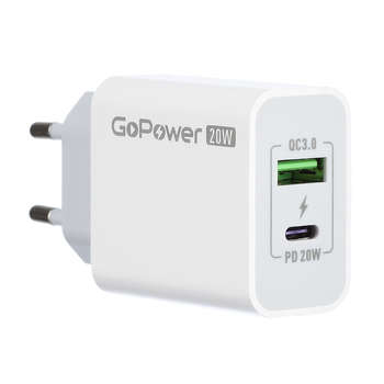 Аккумулятор, ЗУ для устройств GoPower Сетевое З/У GPQC08 1USB+1Type-C 20W QC3.0 белый