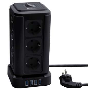 Сетевой фильтр RITMIX RM-2124 Black с кнопкой питания {16А,12 розеток, 4 выхода USB Type А 5 В, 3,1 А, 2 м } {80003363}