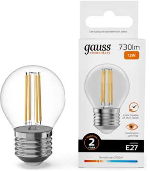 Лампа GAUSS филам. Filament 12Вт цок.:E27 шар 220B св.свеч.бел.теп.