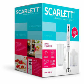 Блендер SCARLETT погружной SC-HB42F06, 850 Вт, 2 скорости, 3 насадки, стакан, белый