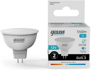 Лампа GAUSS светодиодная Elementary 7Вт цок.:GU5.3 софит 12B св.свеч.бел.нейт.
