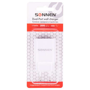 Аккумулятор, ЗУ для устройств Зарядное устройство быстрое сетевое  SONNEN, USB QC 3.0 + Type-C PD 20 Вт, 3 А, белое, 455505