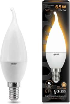 Лампа GAUSS светодиодная 6.5Вт цок.:E14 свеча 220B св.свеч.бел.теп.