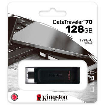 Flash-носитель Kingston Флеш-диск 128 GB DataTraveler 70, разъем Type-C 3.2, черный, DT70/128GB