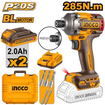 Дрель INGCO_Powertools Аккумуляторный импульсный винтоверт 20В BL 285Hm, 2хАКБ FBLI20011 и ЗУ FCLI2001, кейс, Ingco CIRLI2028 CIRLI2028