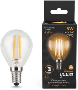 Лампа GAUSS филам. Filament 5Вт цок.:E14 свеча 220B св.свеч.бел.теп.