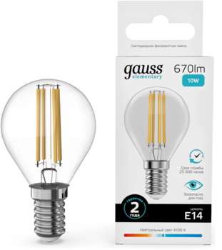 Лампа GAUSS филам. Filament 10Вт цок.:E14 шар 220B св.свеч.бел.нейт.