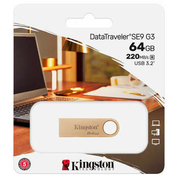 Flash-носитель Kingston Флеш-диск 64 GB, DataTraveler SE9 G3 USB 3.2, металлический корпус, золотой, DTSE9G3/64GB