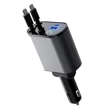 Автоаккумулятор, зарядное устройство SmartiNext Автомобильная зарядка в прикуриватель 4в1, 2 кабеля Type-C, черный АPC-XH-X11 Встроенные кабели с автоскруткой: Type-C: 2 шт., длина кабелей: 80 см,  Дисплей: Да, Порты 2 USB : Type-C, Type-A, Корпус: Алюминиевый, Быстрая зарядка: Да, PD: 20 Вт, Общая мощность всех портов: 120 Вт,  Поворот: 180 градусов, Размер: 139х65х34 мм,