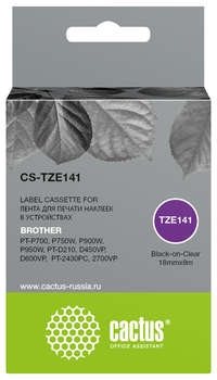 Матричный картридж CACTUS Картридж ленточный CS-TZE141 TZe-141 черный на прозрачном 18x8 для Brother PT-P700, P750W, P900W, P950W, PT-D210, D450VP, D600VP, PT-2430PC, 2700VP