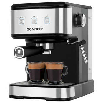 Кофеварка SONNEN рожковая ручной капучинатор CM8501, 1100 Вт, 1,5 л, 15 бар, черная/серебро, 456335