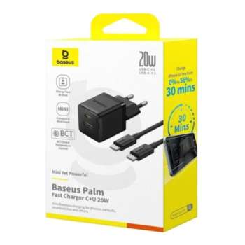 Аккумулятор для электроинструмента Baseus Сетевое зарядное устройство Palm C+U 20W EU Cluster Black