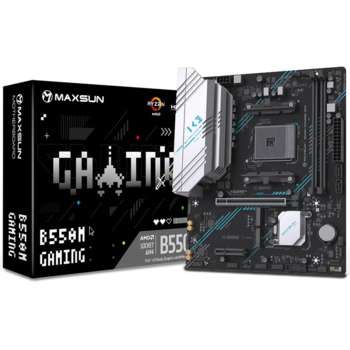 Материнская плата Maxsun MS-B550M GAMING WIFI B550, AM4, 2*DDR4, 1*PCIEx16, 1*PCIEx4, 1*PCIEx1, 2*M.2, 4*USB3.2Gen1, 6*USB2.0, 2*SATA3.0, 1G, DP, HDMI, M-ATX, RTL